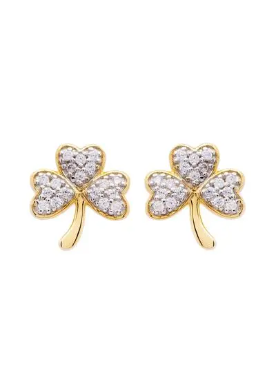 White background cut out image of 14Ct Gold Vermeil Shamrock Earrings with Cubic Zirconia